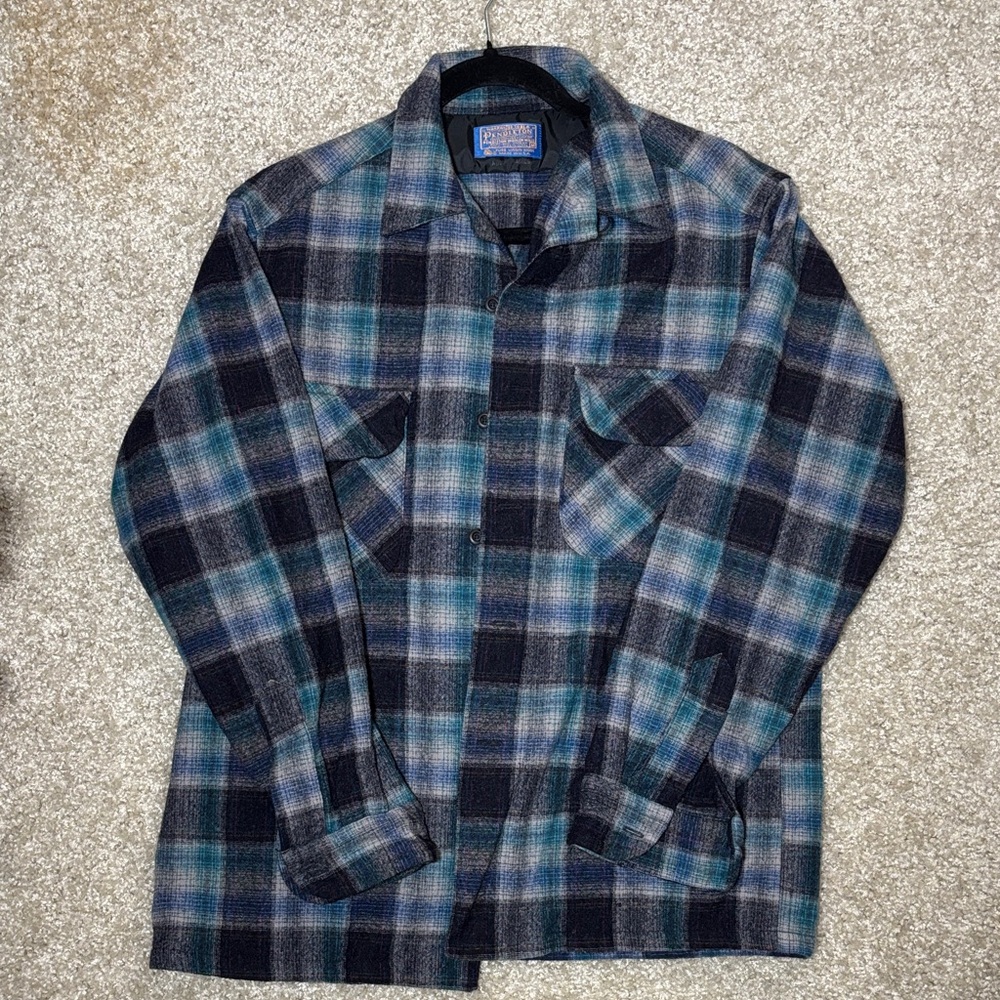 Pendleton 100% virgin wool Blue, green and grey Plaid Shirt